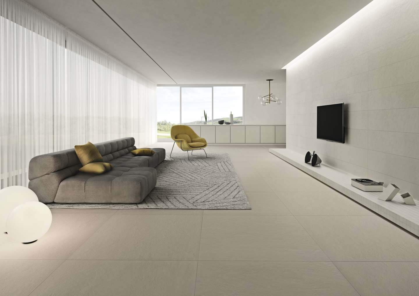 Modernes Wohnzimmer mit hellen Porcelaingres Fliesen und minimalistischer Einrichtung.