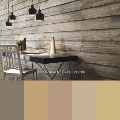 Wandfliesen in Holzoptik im Essbereich mit Fugenfarben-Palette.