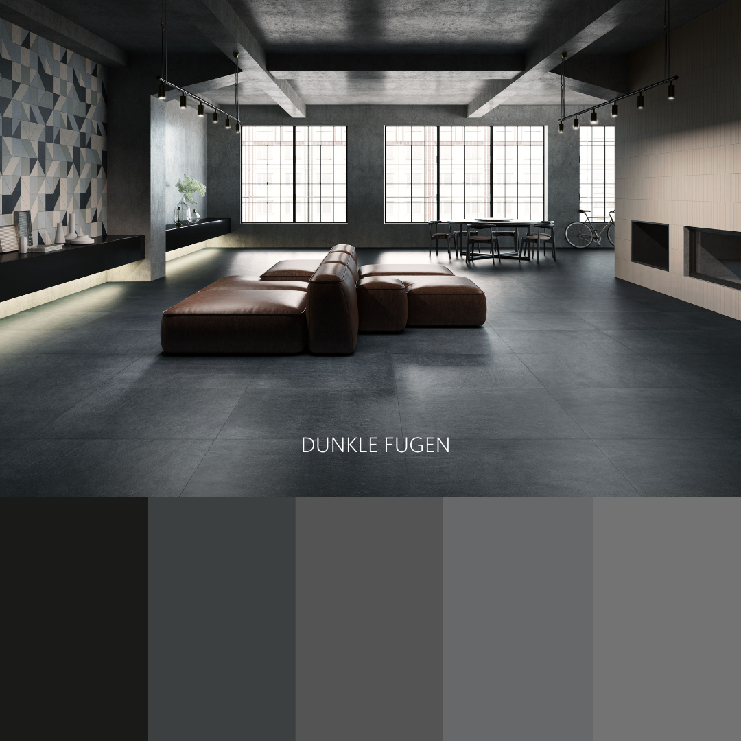 Dunkelgraue Bodenfliesen mit dunklen Fugen in modernem Loft-Ambiente, passende Farbauswahl.