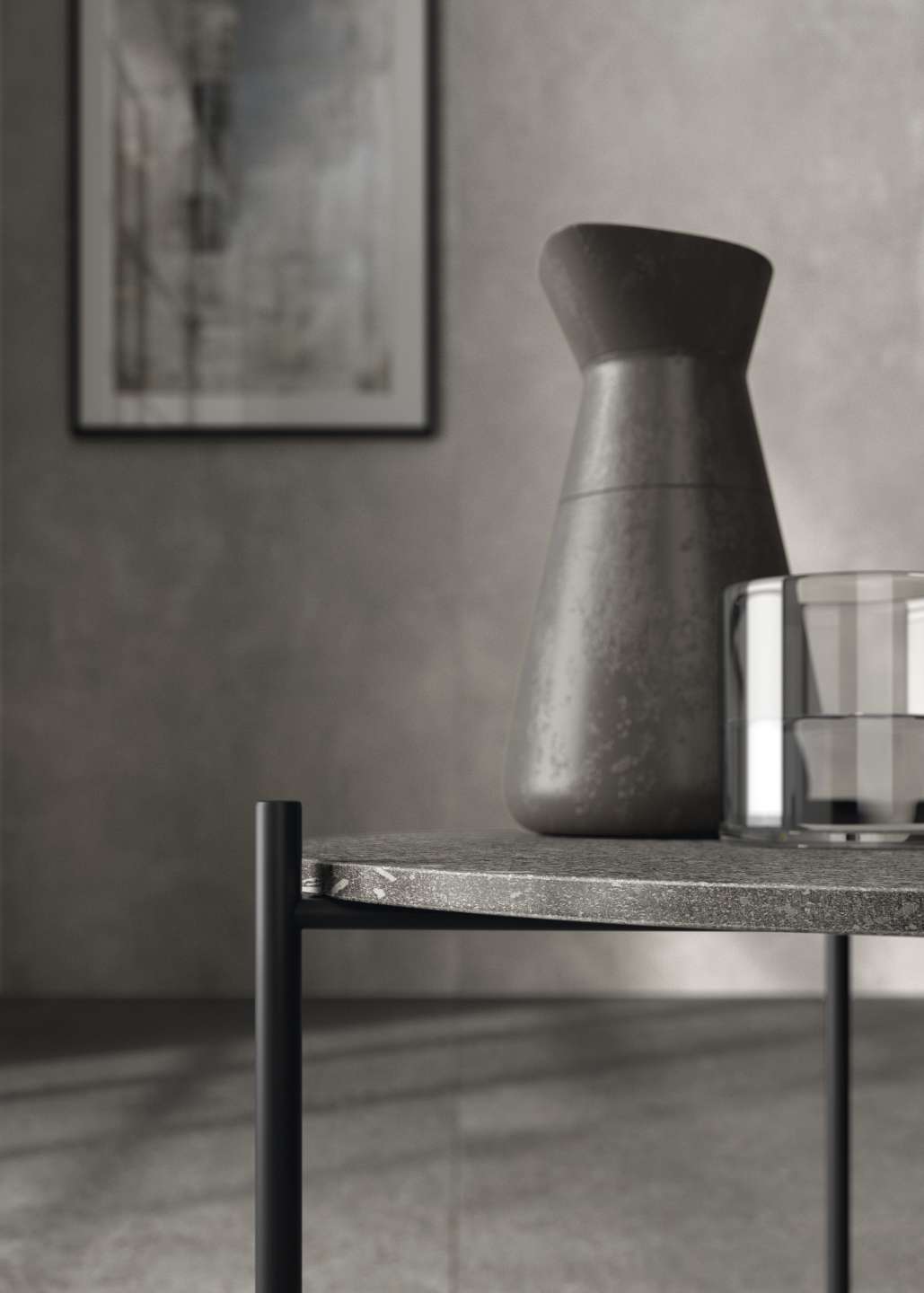 Dunkle Feinsteinzeugfliesen im Beton-Look an Wand und Boden für modernes Wohnen.