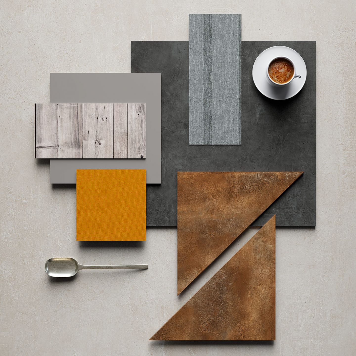 Moderne Fliesen-Kombination: Holz-, Beton-, Textil- und Rostoptik mit gelbem Farbtupfer.
