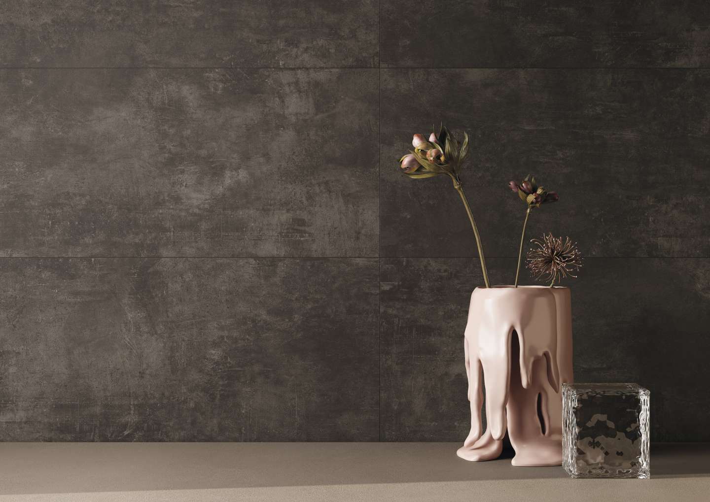 Hochwertige dunkelgraue Wandfliesen in Betonoptik.