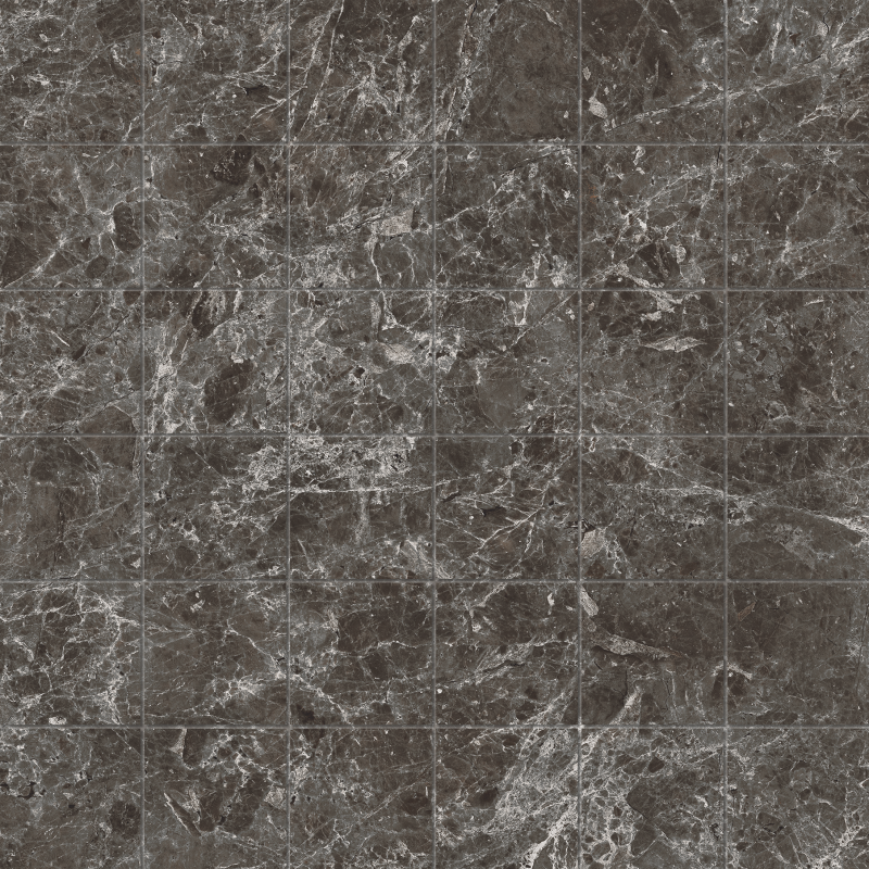 Dunkelgraue Feinsteinzeugfliesen in Marmoroptik mit weißer Maserung.