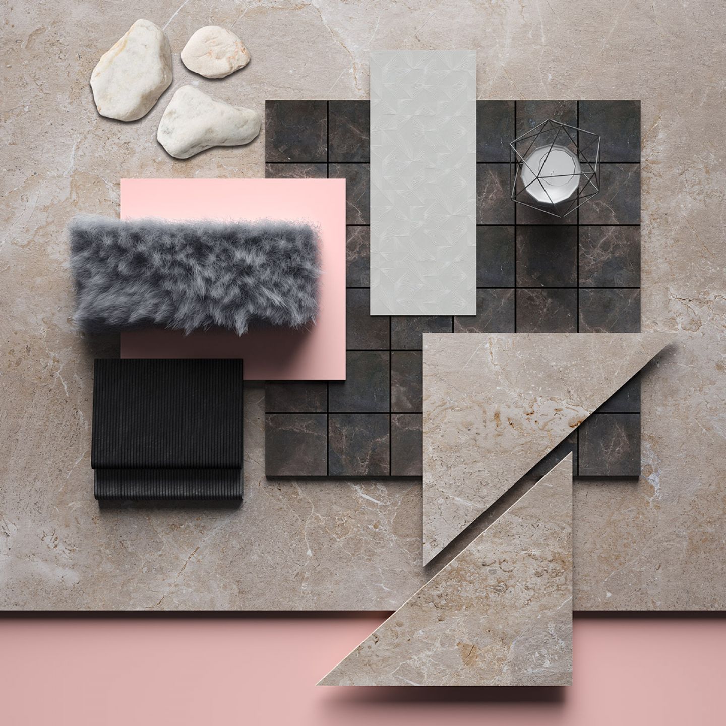 Design-Moodboard mit Fliesenmustern in Grau, Schwarz, Rosa und Beige.
