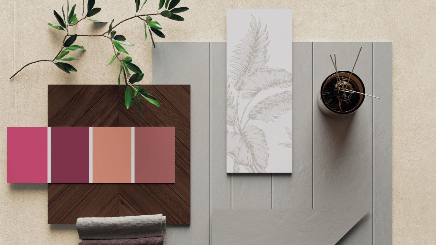 Inspirierendes Moodboard für Fliesen: Holzoptik, florales Muster, Struktur und Farbakzente.
