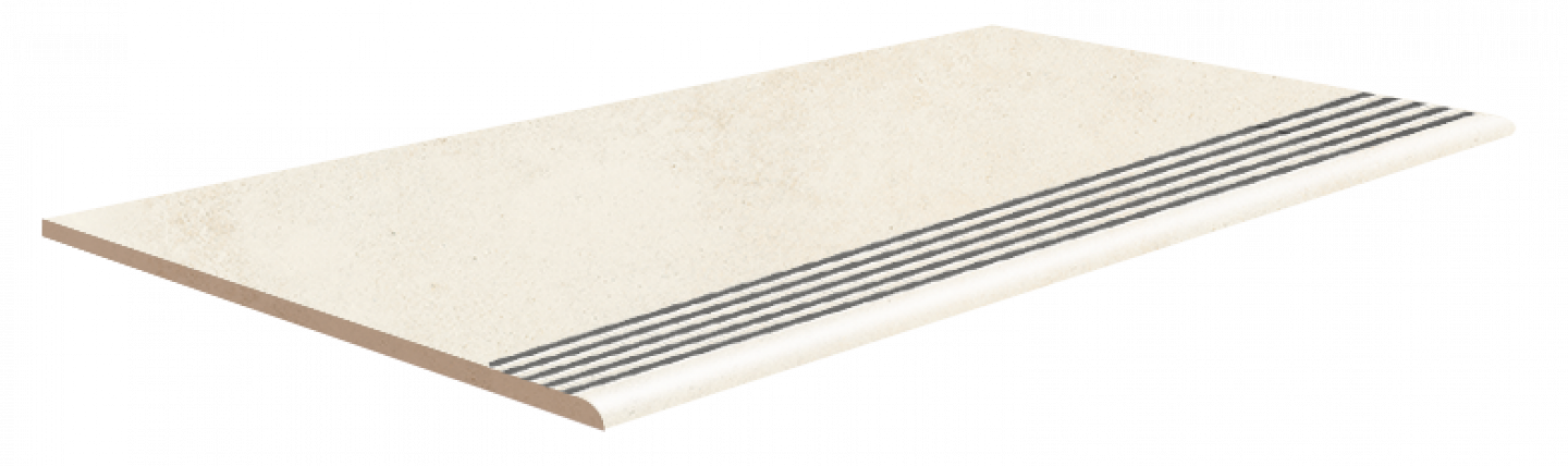 Hellbeige Stufenfliese mit abgerundeter Kante und fünf rutschhemmenden Rillen.