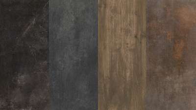 Vier hochwertige Fliesenmuster: dunkler Stein, Holzoptik und Rosteffekt.
