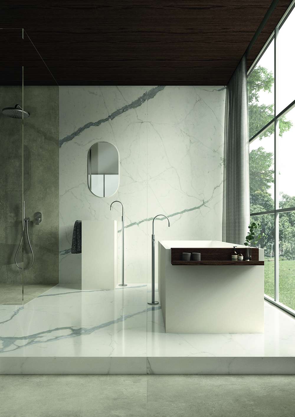 Exklusives Badezimmer mit Porcelaingres Marmor-Fliesen an Wand und Boden.