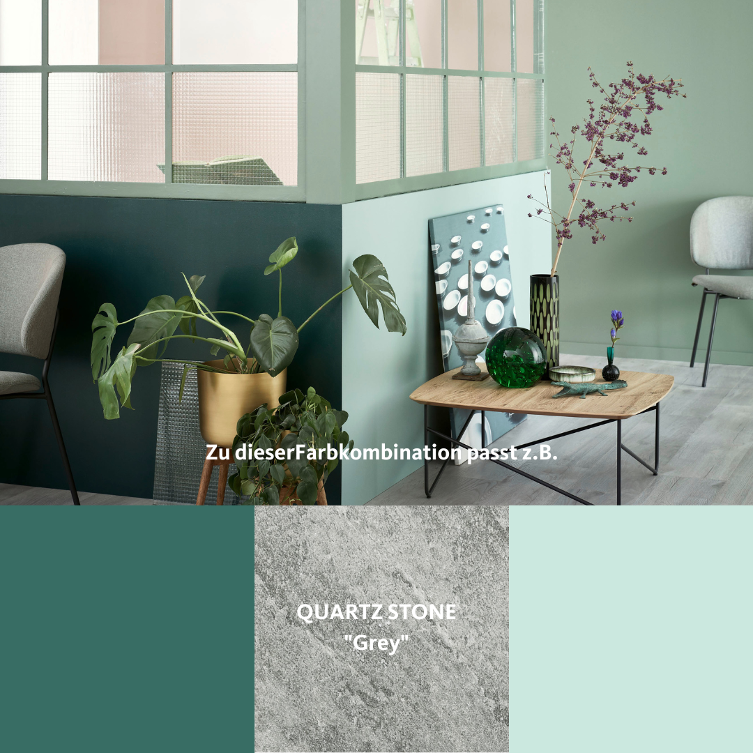 Graue Quartz Stone Fliesen als Design-Beispiel für grüne Raumkonzepte.