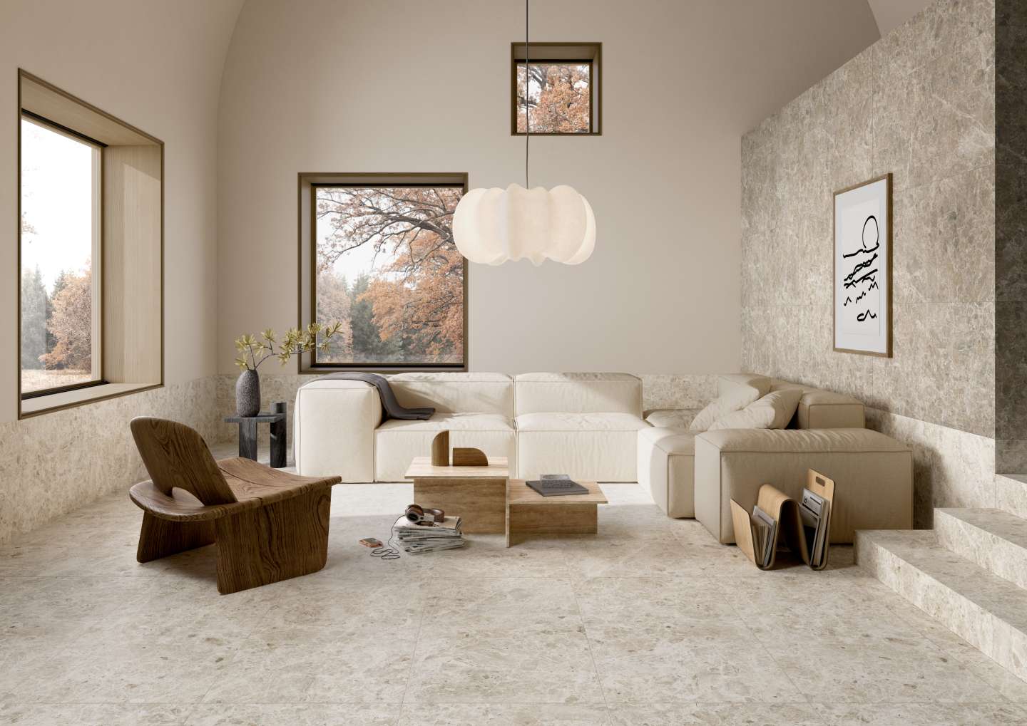 Modernes Wohnzimmer mit hellen Porcelaingres Fliesen auf Boden und Wand.